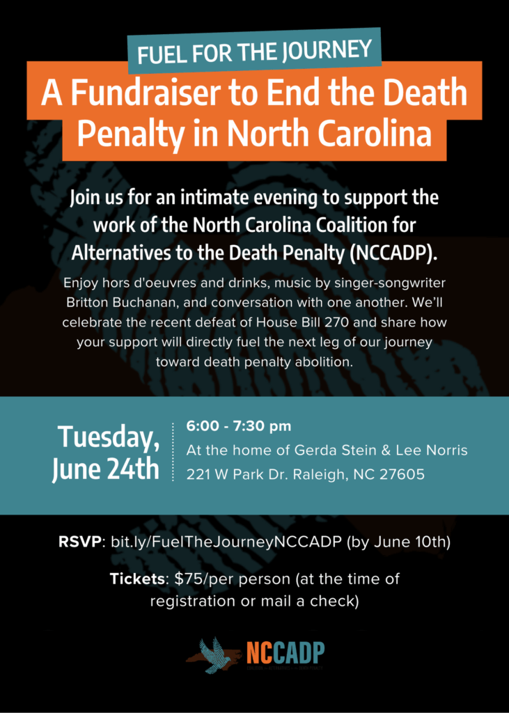 Invitation graphic for “Fuel for the Journey,” a fundraiser for NCCADP on June 24 at 6 PM in Raleigh. Includes event details, RSVP link, and mentions live music, food and drink, and a tax-deductible ticket price of $75.