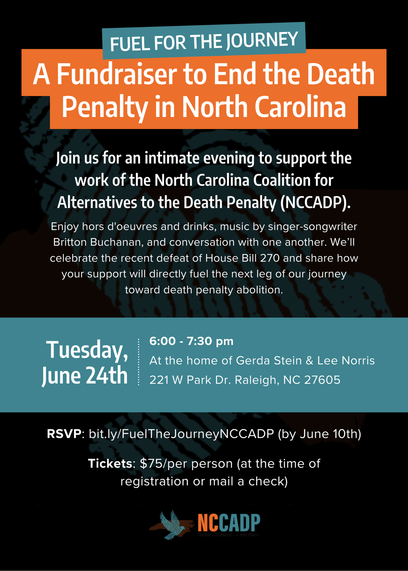 Invitation graphic for “Fuel for the Journey,” a fundraiser for NCCADP on June 24 at 6 PM in Raleigh. Includes event details, RSVP link, and mentions live music, food and drink, and a tax-deductible ticket price of $75.